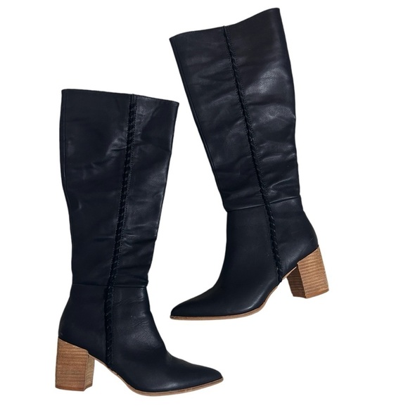 Ccocci black leather knee high pointed toe stacked wooden heel boots 8.5 - Picture 1 of 8